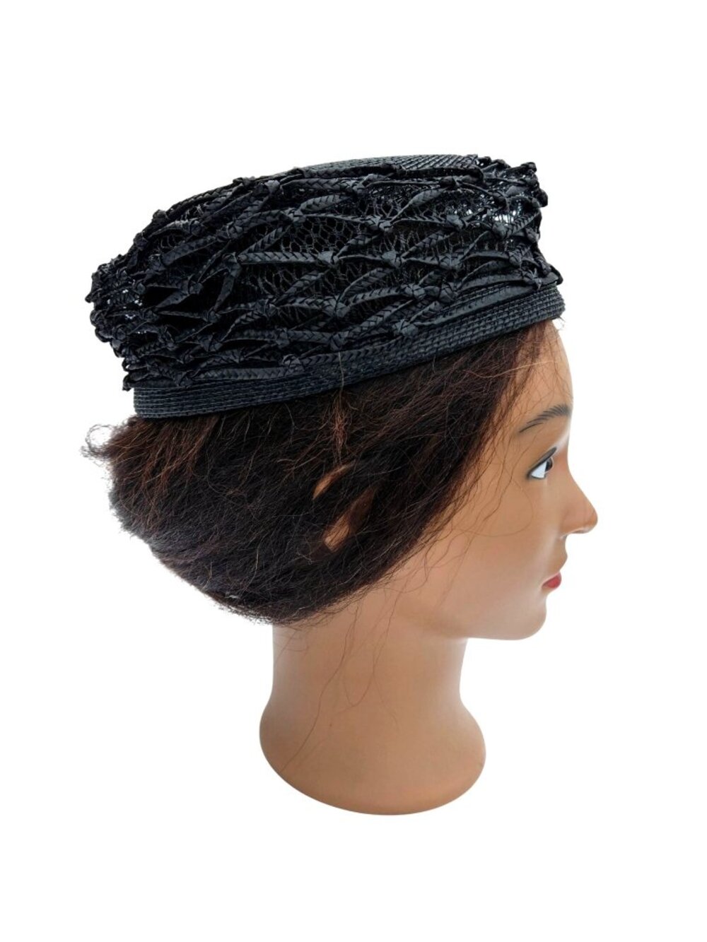 Vintage Black Woven Straw Pillbox Cage Hat Buffums Pinehurst 22" 1960s Medium